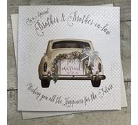 WHITE COTTON CARDS Brother and Brother-in-Law Handmade Wedding Card with Civil Partnership Vintage Car PD172 NEW