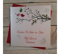 White Cotton Cards Brother & Sister-in-Law with Love, Handmade Christmas Card. (Robins in Tree, Code xx14-108)