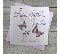 white cotton cards "Butterflies, Happy Birthday Grandma 65" Handmade 65th Birthday Card, White, wb84-65