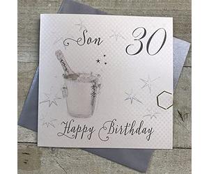 white cotton cards "Champagne Bucket, Son 30 Happy Birthday Handmade 30th Birthday Card, White, WBS30-S