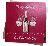 White Cotton Cards Champagne Flutes To My Husband On Valentine's Day Handmade Valentine's Day Card, White, V25-1