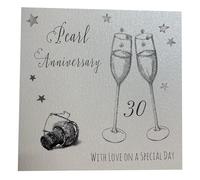 white cotton cards Champagne Glasses Pearl Handmade 30th Anniversary Card, White, WA30, 16cm x 16cm