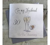 WHITE COTTON CARDS Champagne Glasses, To My Husband 30 years Handmade 30th Anniversary Card, White, WB43-30