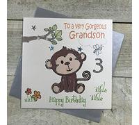 white cotton cards "Cheeky Monkey, To A Very Gorgeous Grandson 3 Happy Birthday Handmade 3rd Birthday Card, White, GL224-3