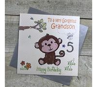 white cotton cards Cheeky Monkey, To A Very Gorgeous Grandson 5 Happy Handmade 5th Birthday Card, White, GL224-5