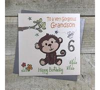 WHITE COTTON CARDS Cheeky Monkey, To A Very Gorgeous Grandson 6 Happy Handmade 6th Birthday Card, White, GL224-6