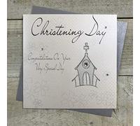 WHITE COTTON CARDS Christening Day Congratulations on Your Very Special Handmade Card, Silver Church, WB46-C,16cm x 16cm