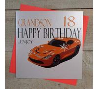 white cotton cards Grandson 18 Happy Enjoy, Handmade 18th Birthday Card (Code N62-GS18, Sports Car, Orange)