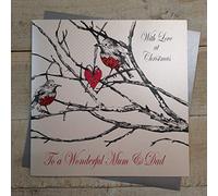 WHITE COTTON CARDS With Love Wonderful Mum & Dad, Handmade Large Christmas Card, (Code XEX51, Robin)
