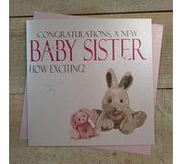 white cotton cards Congratulations, Baby Exciting Handmade New Sister Card (Pink Bunny, Code N219)