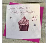 White Cotton Cards Cupcake Happy Birthday To A Beautiful Granddaughter 16" Handmade 16th Birthday Card, White, WBGD16