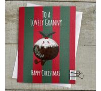 WHITE COTTON CARDS Cute Figgy Pudding - Granny Cartoon Doodlebug Christmas Card (DX23)