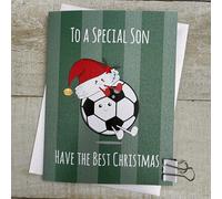 WHITE COTTON CARDS Cute Football with Santa Hat - Son Cartoon Doodlebug Christmas Card (DX56)