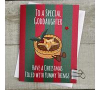 WHITE COTTON CARDS Cute Mince Pie - Goddaughter Cartoon Doodlebug Christmas Card (DX41)
