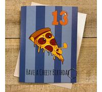 WHITE COTTON CARDS Cute Pizza Slice Character 'Cheesy' Boys Birthday Card Age 13. Hand decorated with Glitter (DO-A13)