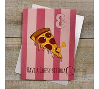 WHITE COTTON CARDS Cute Pizza Slice Character 'Cheesy' Girls Birthday Card Age 8. Hand decorated with Gems (DO-P8)
