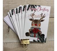 WHITE COTTON CARDS CUTE REINDEER - PACK OF 6 CHRISTMAS CARDS (N95-C25-6)