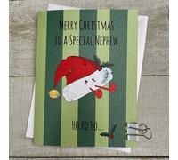 WHITE COTTON CARDS Cute Santa Hat - Special Nephew Cartoon Doodlebug Christmas Card (DX31)