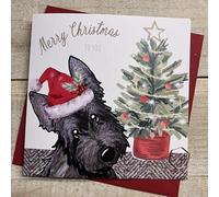 WHITE COTTON CARDS CUTE SCOTTIE DOG & TREE - CHRISTMAS CARD - HAND FINISHED (C24-132)