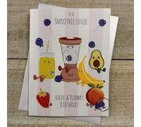 WHITE COTTON CARDS Cute Smoothie Lover Birthday Card - Fruit Character, hand decorated with glitter and gems (DO89)