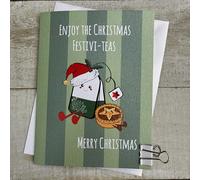 WHITE COTTON CARDS Cute Tea & Mince Pie Cartoon Doodlebug Christmas Card (DX8)