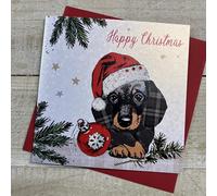 WHITE COTTON CARDS DACHSHUND WITH SANTA HAT CHRISTMAS CARD, HAND FINISHED (C23-21)