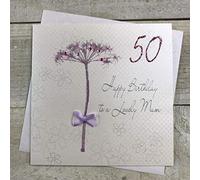 WHITE COTTON CARDS "Dandelion, Happy Birthday to a Lovely Mum 50" Handmade 50th Birthday Card, White, bd61-50