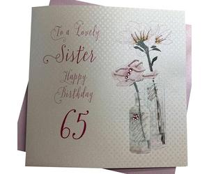 WHITE COTTON CARDS "Dandelion, Happy Birthday to a Lovely Sister 65" Handmade 65th Birthday Card, White, bd65-65