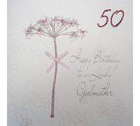 white cotton cards Dandelion, Happy Lovely Godmother 50" Handmade 50th Birthday Card, White, bd42-50