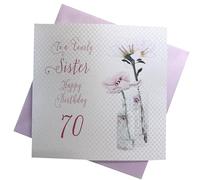 white cotton cards Dandelion, Happy Lovely Sister 70" Handmade 70th Birthday Card, White, bd65-70, 16cm x 16cm