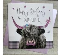 WHITE COTTON CARDS DAUGHTER BIRTHDAY CARD - PINK HIGHLAND COW DESIGN HAND FINISHED (S381-D)