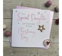 WHITE COTTON CARDS DAUGHTER - CHRISTENING CARD - WOODEN STAR DESIGN, HANDMADE (S150-D)