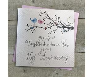 WHITE COTTON CARDS Daughter & Son-in-Law 16th Wedding Anniversary Card Sixteenth Topaz Birds and Tree branch