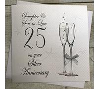 WHITE COTTON CARDS Daughter & Son-in-Law 25th Anniversary Card, Silver, Champagne Flutes Handmade P25DS