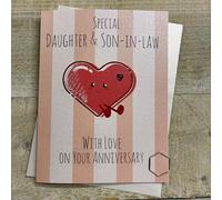 WHITE COTTON CARDS Daughter & Son In Law Anniversary Card - Cute Heart Character, Hand decorated with Glitter and Gems (DO70)