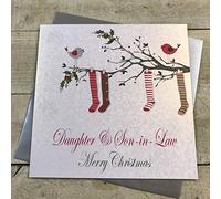 White Cotton Cards Daughter & Son-in-Law Merry, Handmade Large Christmas Card. Stockings (Code xx14-82)