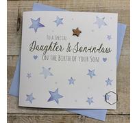 WHITE COTTON CARDS DAUGHTER & SON IN LAW ON BIRTH OF YOUR SON - BLUE STARS NEW BABY CARD, HAND FINISHED (S520-DS)