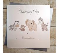 WHITE COTTON CARDS Day Congratulations, Handmade Large Christening Card (Silver Toys)