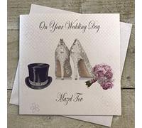 White Cotton Cards Day Mazel Tov, Handmade Jewish Wedding Card (Top hat & Bouquet, Code JEPD8), 16cm x 16cm