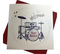 White Cotton Cards"Drums Happy Birthday" Handmade Birthday Card, SB53,grey,16cm x 16cm