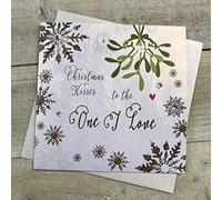 WHITE COTTON CARDS F2-OL""to The One I Love"" Handmade Christmas Card", black|yellow|peach|green|silver