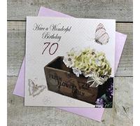 WHITE COTTON CARDS "Flower Box, Have A Wonderful 70" Handmade 70th Birthday Card, White, bd175-70
