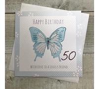 WHITE COTTON CARDS Friend 50th Birthday Card,Turquoise Butterfly Handfinished (G8-50)