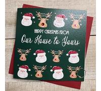 WHITE COTTON CARDS FROM OUR HOUSE TO YOURS - LOTS SANTAS DEER - CHRISTMAS CARD - HAND FINISHED (C24-113)