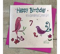 WHITE COTTON CARDS GL204-7 Birds, Happy Birthday to a Gorgeous Little Girl 7" Handmade 7th Birthday Card, White