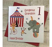white cotton cards GL247"Gorgeous Grandson 1 Happy Birthday" Handmade 1St Birthday Card