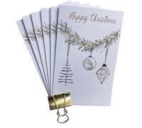 WHITE COTTON CARDS GLASS BAUBLES - CHRISTMAS PACK OF 6 CARDS (14cmx 9cm) CHRISTMAS CARD, HAND FINISHED (N95-C37)