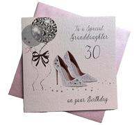 WHITE COTTON CARDS Glitter Ball and Shoe 30 to A Special Granddaughter Handmade 30th Birthday Card, White, PD30GD,16cm x 16cm