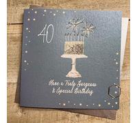 WHITE COTTON CARDS GOLD CAKE & SPARKLERS - 40TH BIRTHDAY CARD, HAND FINISHED (DG2-40)