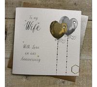WHITE COTTON CARDS GOLD HEART BALLOONS - WIFE ANNIVERSARY CARD HAND FINISHED (D499)